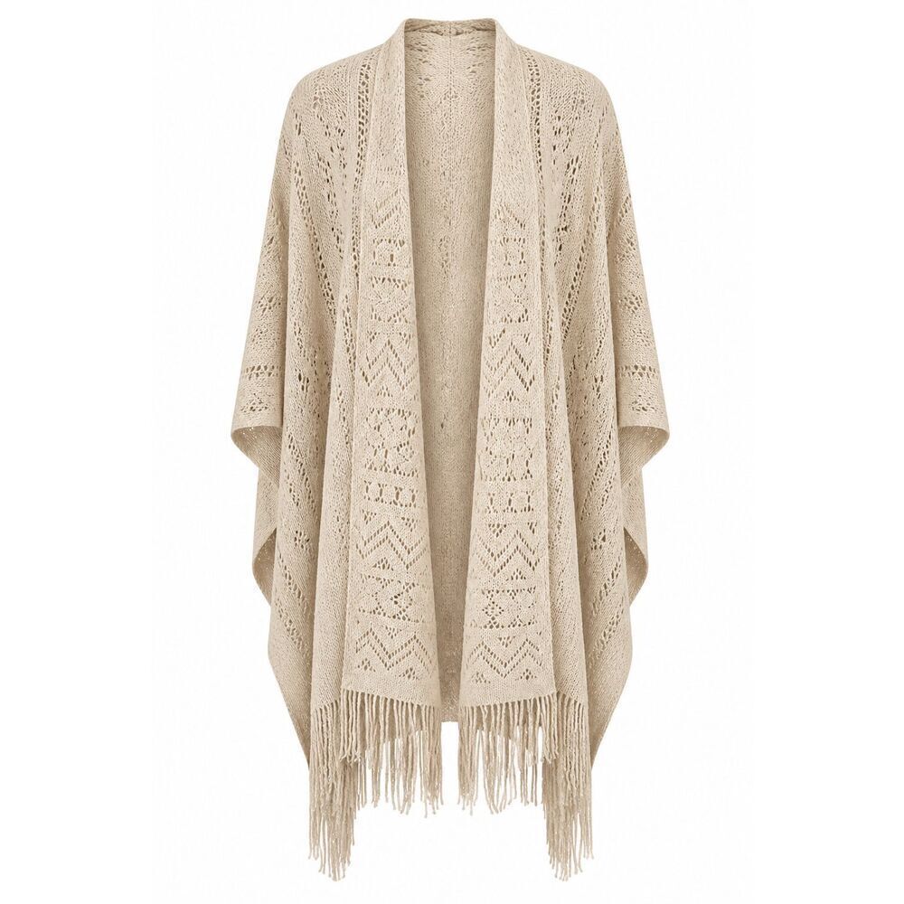Macchia Di Ruggine Boho Poncho One Size Oatmeal Open Front Wrap Fringe Shawl K14